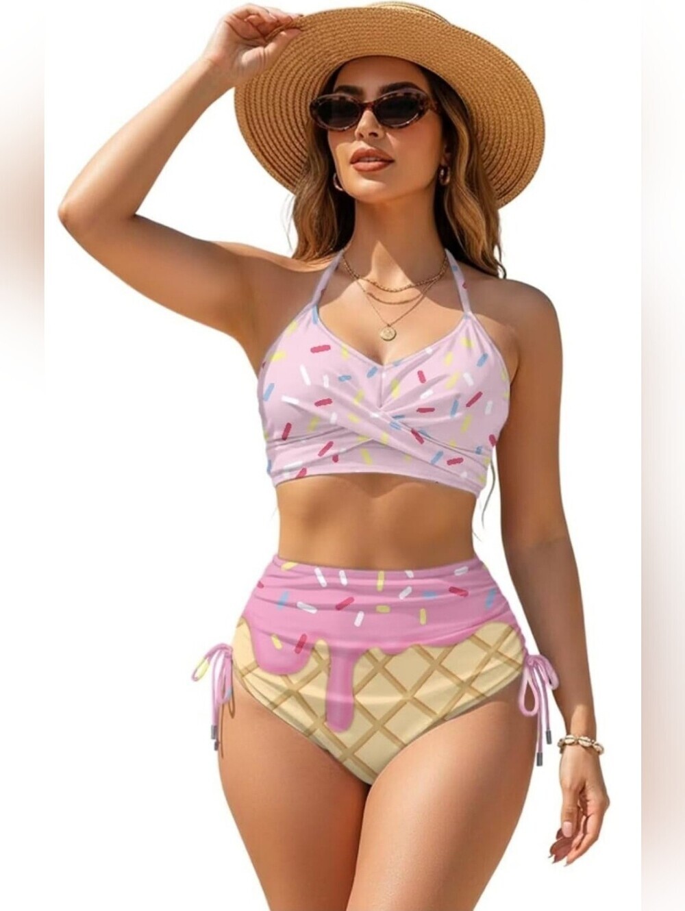 NWT Ice Cream Cone Print Bikini Set Pink Sprinkle Swimsuit Size Large
